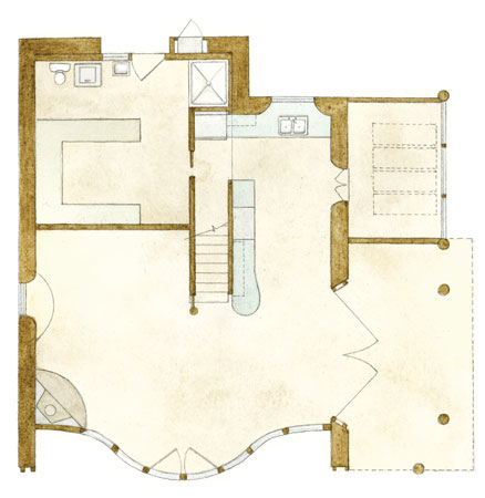 Varying roof overhangs create different microclimates around the house.